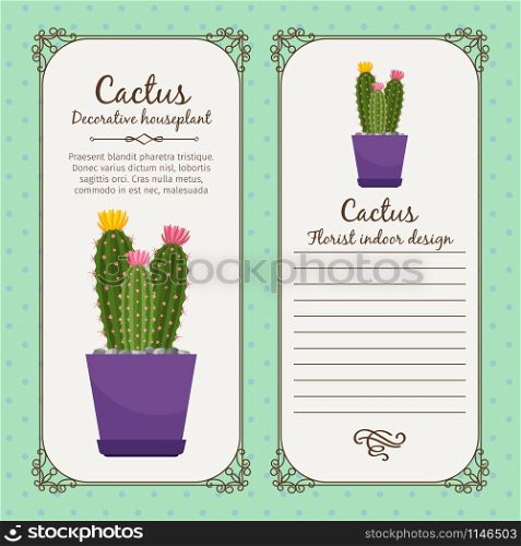 Vintage label template with decorative cactus plant in pot, vector illustration. Vintage label with cactus plant