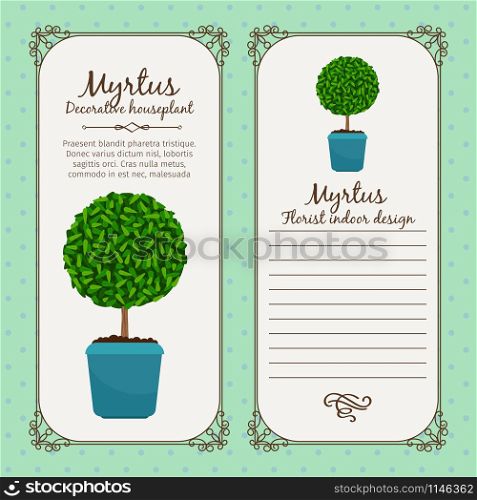 Vintage label template with decorative myrtus plant in pot, vector illustration. Vintage label with myrtus plant