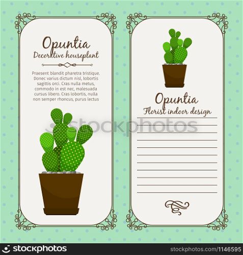 Vintage label template with decorative opuntia plant in pot, vector illustration. Vintage label with opuntia plant