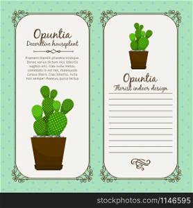 Vintage label template with decorative opuntia plant in pot, vector illustration. Vintage label with opuntia plant