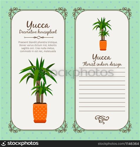 Vintage label template with decorative yucca plant in pot, vector illustration. Vintage label with yucca plant