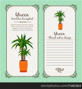 Vintage label template with decorative yucca plant in pot, vector illustration. Vintage label with yucca plant