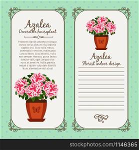 Vintage label template with potted flower azalea, vector illustration. Vintage label with potted flower azalea