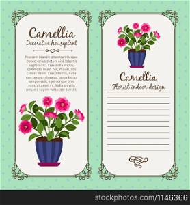 Vintage label template with potted flower camellia, vector illustration. Vintage label with potted flower camellia