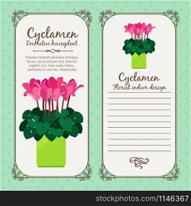 Vintage label template with potted flower cyclamen, vector illustration. Vintage label with potted flower cyclamen