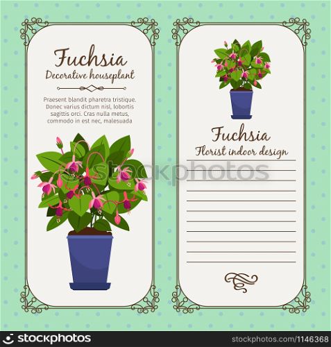 Vintage label template with potted flower fuchsia, vector illustration. Vintage label with potted flower fuchsia