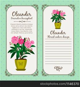 Vintage label template with potted flower oleander, vector illustration. Vintage label with flower oleander