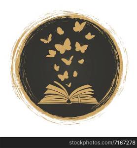 Vintage label with open book and butterflies silhouettes. Illustration of book and butterfly. Vintage label with open book and butterflies silhouettes
