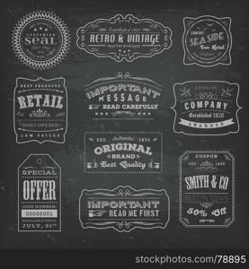 Vintage Labels Ans Signs On Blackboard. Illustration of a set of retro and vintage business labels and signs, including seals, badges, certificates and sales tickets on chalkboard background