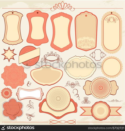 Vintage labels set in pink and beige colors with ornamental details, circle frames, borders, etc.