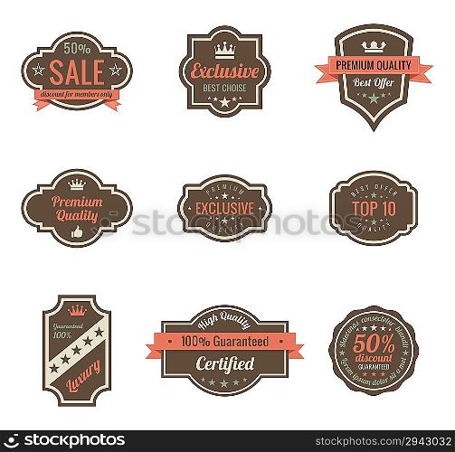 Vintage Labels set. Retro shields and stickers such a logo. Ribbon and crown. Retro design. High quality.