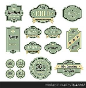Vintage Labels set. SALE, Discount, Membership, Premium Quality, Exclusive label designs. Badge icons collection. Retro logo template. High quality vector.