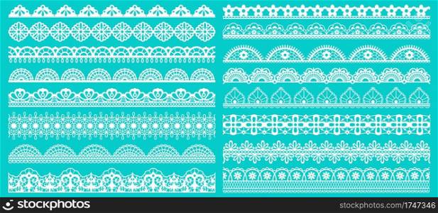 Vintage lace borders. Seamless lace borders for wedding decoration. Figured retro lace pattern elements vector illustration set. Lacy pattern repeat, scroll decorate gorgeous to wedding decoration. Vintage lace borders. Seamless lace borders for beautiful wedding decoration. Figured retro lace pattern elements vector illustration set