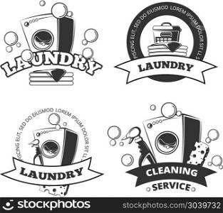 Vintage laundry service dry clean vector labels, emblems, logos, badges set. Vintage laundry service dry clean vector labels, emblems, logos, badges set. Basket and washing machine illustration