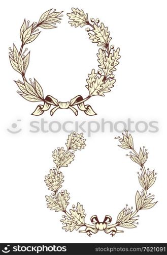 Vintage laurel wreathes with retro elements isolated on white background