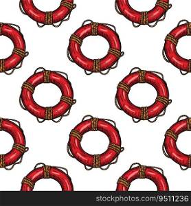 Vintage lifebuoy with rope sketch seamless pattern. Hand drawn life ring in engraving style wallpaper. For fabric design, textile print, wrapping paper, cover. Vector illustration. Vintage lifebuoy with rope sketch seamless pattern. Hand drawn life ring in engraving style wallpaper.