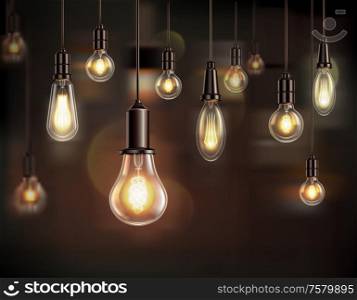 Vintage light bulbs realistic background composition with shining lamps of various shape with blurs and shadows vector illustration