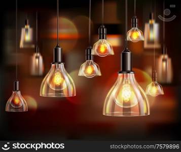 Vintage light bulbs realistic composition with blurry background and lots of hanging lamps with globe shades vector illustration