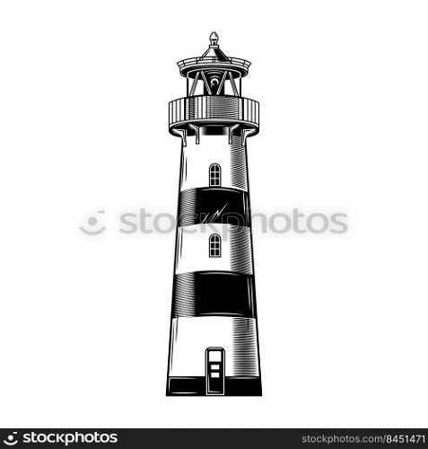 Vintage lighthouse building vector illustration. Monochrome classical beacon. Nautical world or maritime navigation concept for labels or emblems templates