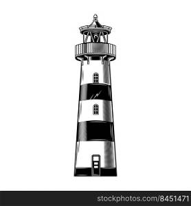 Vintage lighthouse building vector illustration. Monochrome classical beacon. Nautical world or maritime navigation concept for labels or emblems templates