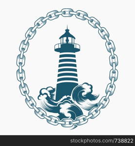 Vintage Lighthouse emblem drawn in Engraving style. Lighthouse and waves in circle of marine chains. Vector illustration.