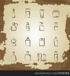 Vintage line icons cosmetics bottles and equipments. Cosmetic elements, vector illustration. Vintage line icons cosmetics bottles and equipments