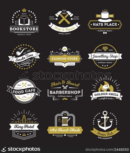 Vintage logos of hotel stores restaurant and cafe with design elements on black background isolated vector illustration . Hotel Stores And Cafe Vintage Logos