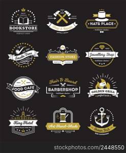 Vintage logos of hotel stores restaurant and cafe with design elements on black background isolated vector illustration . Hotel Stores And Cafe Vintage Logos