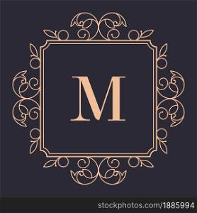 Vintage logotype with letter and ornaments, isolated frame with copy space for luxury brand presentation. Logo or emblem for products, floral ornaments decoration of label. Vector in flat style. Luxury brand vintage logotype with flora and lines