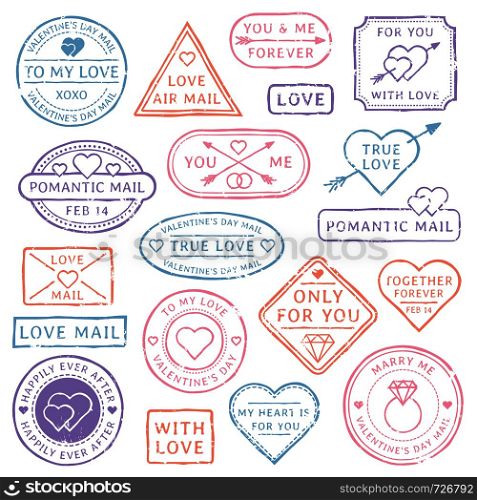 Vintage love letter postcard, Valentines Day postmarks. Stamps with hearts, orange purple red blue pink mail seal for wedding postcards with love. Romantic relationships travel postal vector stamps. Vintage love letter postcard, Valentines Day postmarks. Stamps with hearts or mail seal for wedding postcards. Travel postal stamp vector set