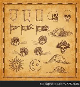Vintage map elements. Sun and moon, wind and tsunami with water swirl, vector sketch. Pirate map with skull in tricorne or captain hat and pennant flag, treasure island and corsair sailing adventure. Vintage map elements. Sun, moon, wind and tsunami