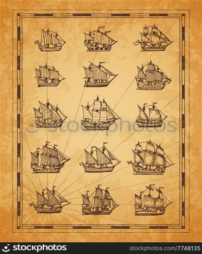 Vintage map sail ships, sailboat, brigantine sketch. Vector engraved sea vessels on ancient torn brown papyrus. Engraving retro schooner, corvette and brig, galleon and caravel, clipper of pirate map. Vintage map sail ships, sailboat, brigantine