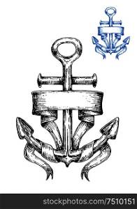 Vintage marine anchor wrapped with blank ribbon banner, sketch style. May be use for nautical symbol or navy heraldry design . Vintage marine anchor sketch with ribbon
