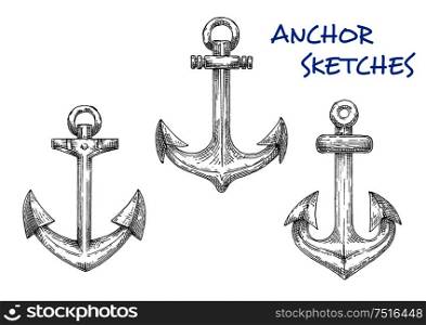 Vintage marine anchors sketch icons for navy heraldic symbol, yacht club emblem, nautical travel or vacation theme design. Vintage sketched sea anchors set