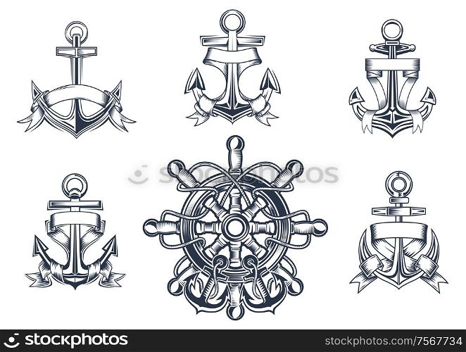 Vintage marine and nautical icons with ships anchors with blank entwined ribbon banners and a ships wheel with anchors