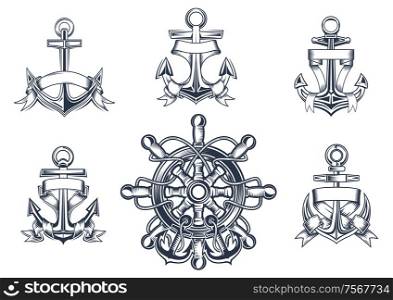 Vintage marine and nautical icons with ships anchors with blank entwined ribbon banners and a ships wheel with anchors