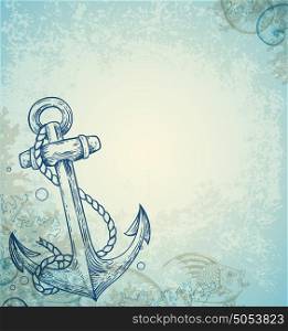 Vintage marine background with anchor and fish. Hand drawn vector illustration.