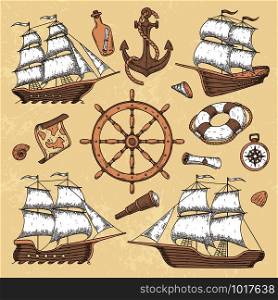 Vintage marine ships. Old cartouche frame, ship anchor and sea wheel with ancient compass. Ocean sailboat insignia, maritime nautical antique sail boat retro vector illustration icons set. Vintage marine ships. Old cartouche frame, ship anchor and sea wheel with ancient compass. Ocean sailboat retro vector illustration