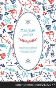 Vintage marine template with text in oval frame and hand drawn nautical elements vector illustration. Vintage Marine Template