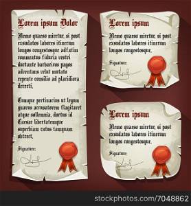 Vintage Medieval Letters With Wax Seals. Illustration of a set of retro and medieval letters, with gothic font, handwritten signature and red wax seal