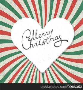 Vintage Merry Christmas Background. Red and green radiate rays and heart.