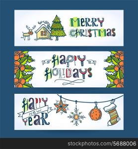 Vintage merry christmas new year holiday decoration sketch horizontal banner set isolated vector illustration