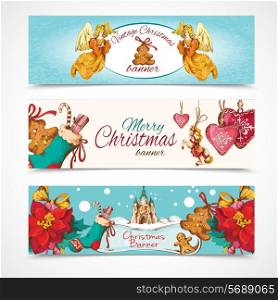 Vintage merry christmas new year holiday sketch horizontal banner colored set isolated vector illustration