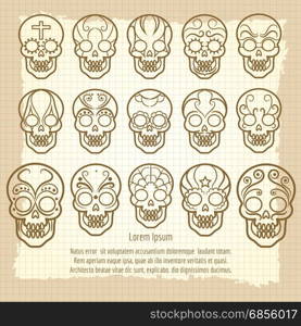 Vintage mexican skull set poster. Vintage mexican skull set poster on retro notebook page. Vector illustration