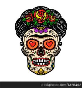 Vintage mexican woman skull isolated on white background. Design element for logo, label, sign, poster. Vector illustration