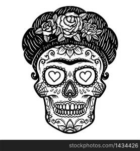 Vintage mexican woman skull isolated on white background. Design element for logo, label, sign, poster. Vector illustration