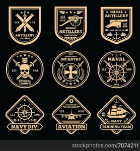 Vintage military and army vector emblems, badges and labels. Label and sticker aviation army and infantry illustration. Vintage military and army vector emblems, badges and labels