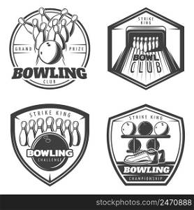 Vintage monochrome active recreation emblems set for bowling club with sport equipment isolated vector illustration . Vintage Monochrome Active Recreation Emblems Set
