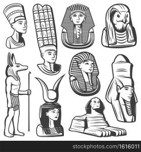 Vintage monochrome ancient Egypt people set with pharaoh mask sphinx egyptian gods and goddesses isolated