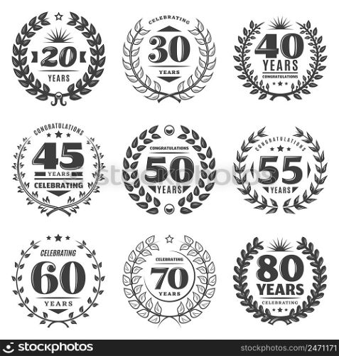 Vintage monochrome anniversary labels set with different numbers inscriptions and decorative elegant floral wreathes isolated vector illustration. Vintage Monochrome Anniversary Labels Set